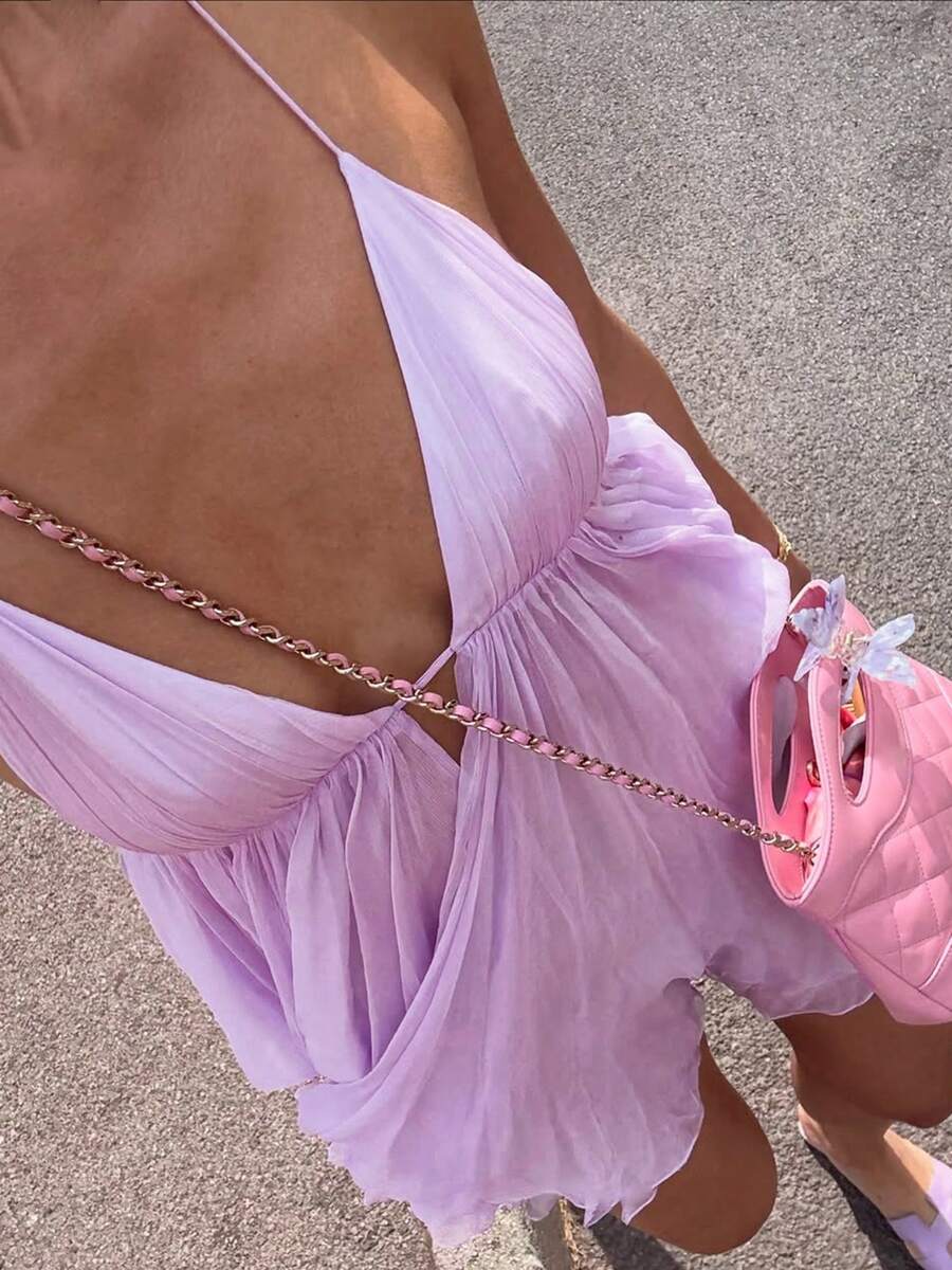 Đầm maxi không tay hở lưng màu tím bằng vải chiffon, kiểu dáng thanh lịch, cổ chữ V sâu, dáng chữ A, thích hợp cho kỳ nghỉ hè ở bãi biển. - Màu tím - Xem 1