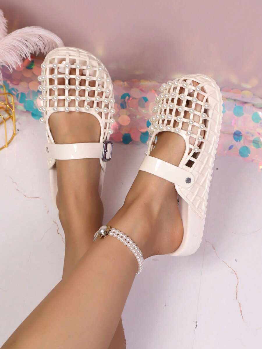 Women's Fashionable Versatile Pearl Hollow Out Sandals - White - View 1