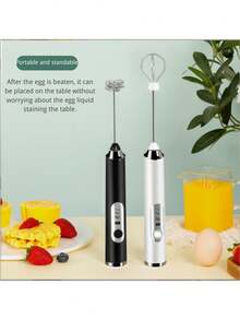 1pc Handheld Electric Milk Frother, Black/White Electric Milk Frother & Mixer, With 2 Replaceable Stainless Steel Attachments, 3 Speed Settings, USB Rechargeable Milk Frother For Coffee, Milk, Egg, Hot Chocolate - Multicolor - View 6