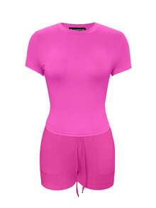 LovelyWholesale Bộ đồ nữ thường ngày màu trơn cổ tròn tay ngắn và quần short có dây rút, kiểu dáng thanh lịch mùa hè. - Màu Hồng Tươi - Xem 4