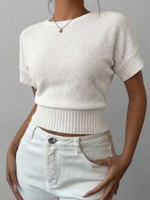 Women's White Knitwear Round Neck Short Sleeve Crop Top Stylish And Comfortable Medium Stretch - Apricot 1 - View 2