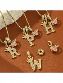 锆石立方氧化锆26字母吊坠项链 - 皇冠单层三合一个性化名字项链 - 时尚不锈钢嘻哈配饰 - 金色 - 查看 2