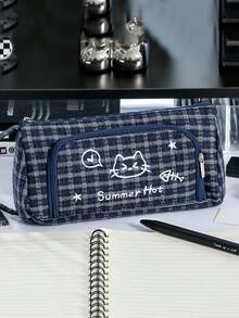 1个大容量格子猫咪刺绣铅笔盒|多功能涤纶文具包，旅行化妆品收纳包，办公学习用品的理想之选 - 彩色 - 查看 13