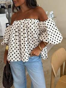 Blusa de hombros descubiertos con pliegues y contraste de lunares, adecuada para la playa y el uso diario, primavera/verano blanco - Blanco - Ver 2
