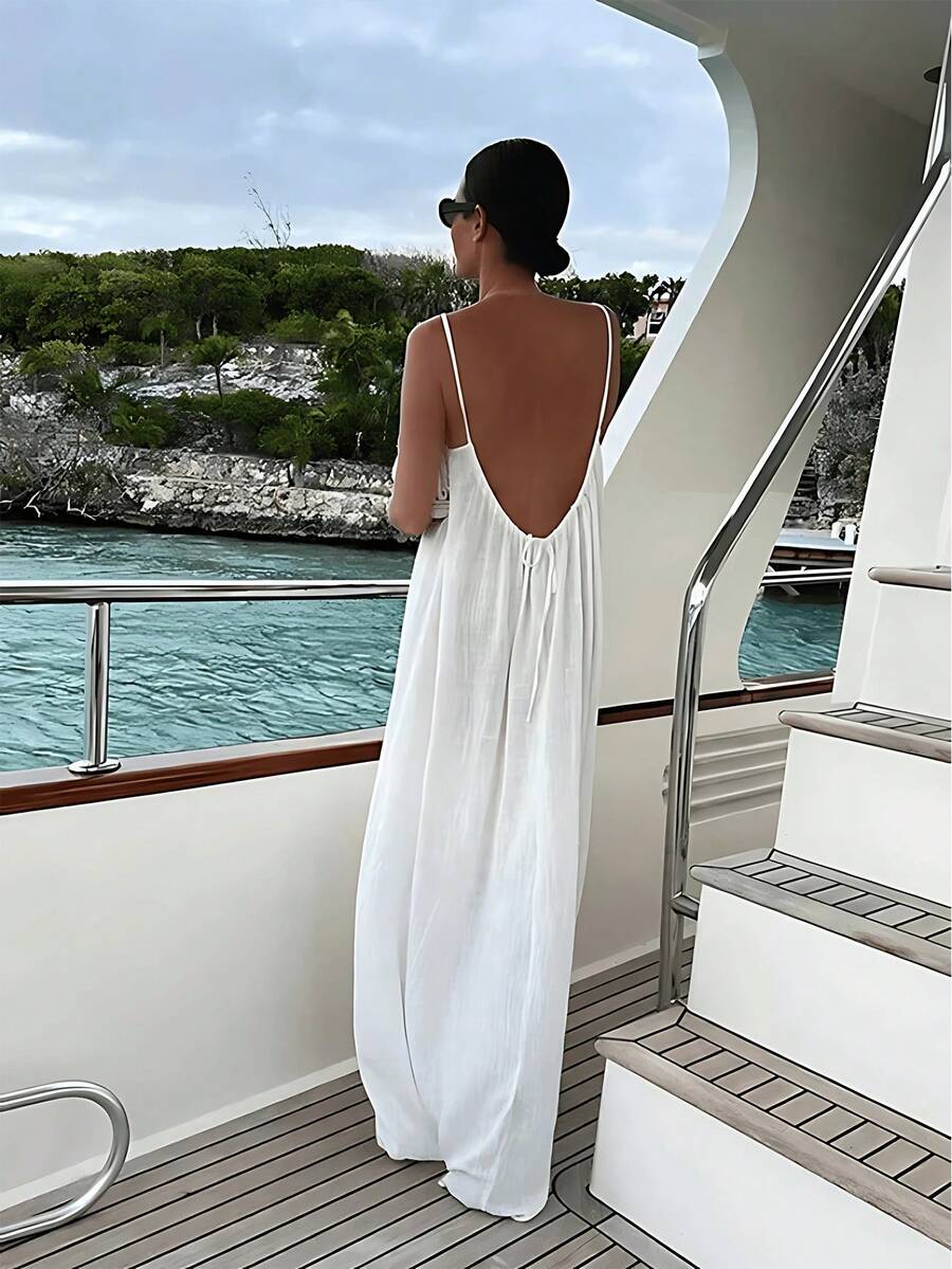 A Women's Solid Color Camisole Loungewear, Elegant Sleeveless Backless Long Dress, Summer Casual Wear, Women's Indoor Sleepwear, Beach Vacation Dress. - 白色 - 查看 1