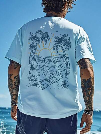 Camiseta de manga corta con estampado de elementos de isla de estilo de vacaciones para hombres, adecuada para el verano, cómoda y transpirable, de moda líder