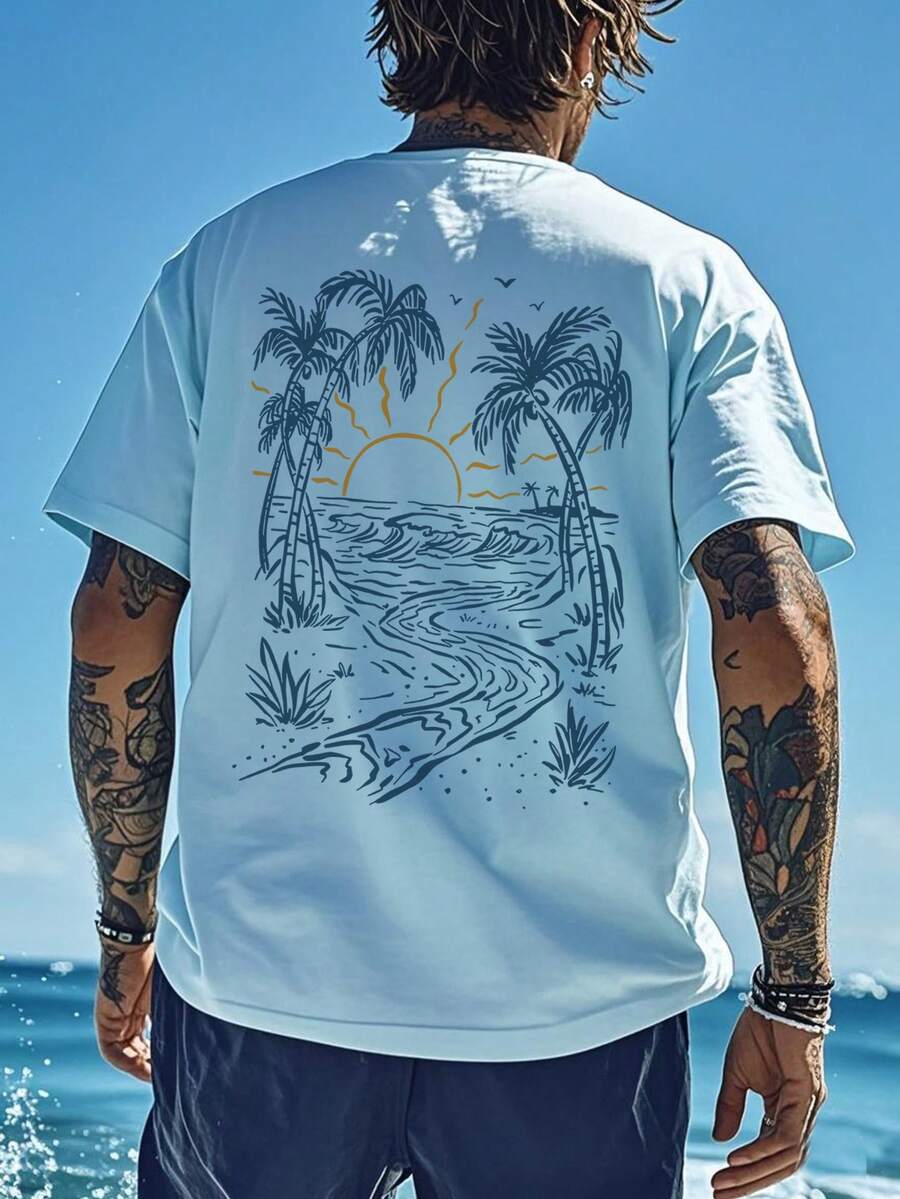 Coastal Men's Vacation Style Island Element Printed Short Sleeve T-Shirt, Suitable For Summer Wear, Comfortable & Breathable, Leading Fashion