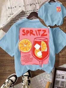 Áo nữ mùa hè Aperol Spritz, trang phục đi nghỉ mát, áo phông, áo kiểu thường ngày, quần áo đi học, áo phông cổ tròn tay ngắn dáng rộng, áo phông cỡ lớn cho mùa tựu trường. - Màu xanh nhạt - Xem 1