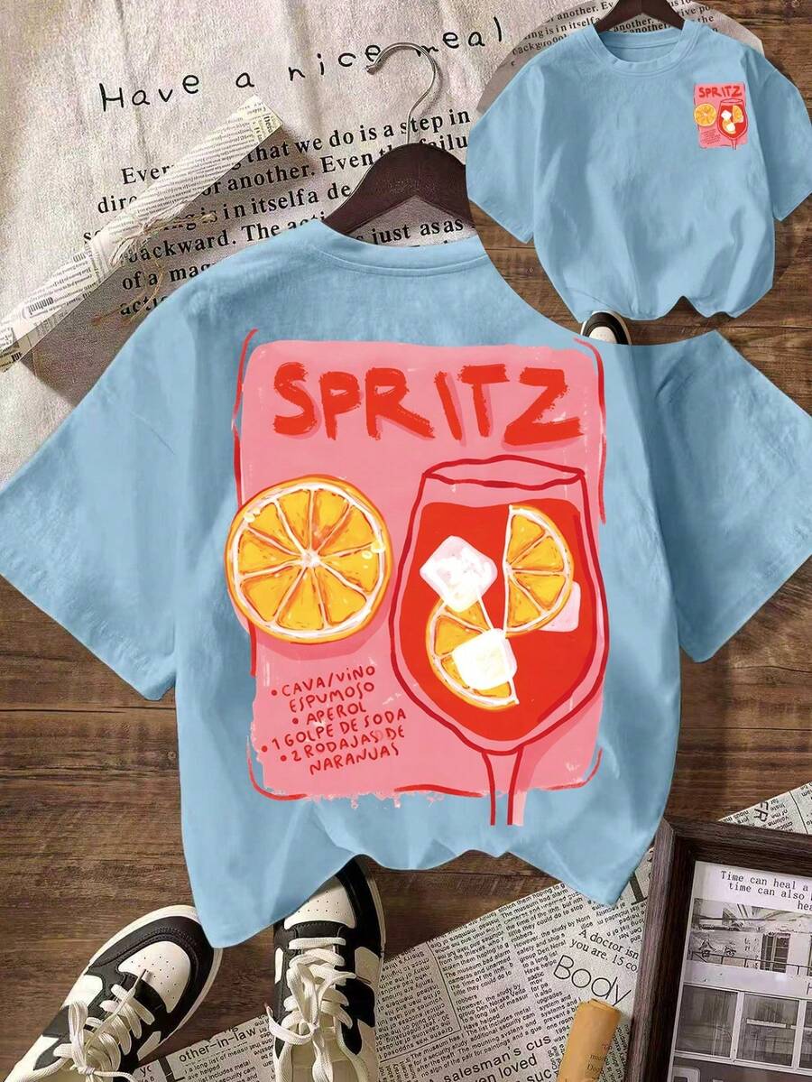 Áo nữ mùa hè Aperol Spritz, trang phục đi nghỉ mát, áo phông, áo kiểu thường ngày, quần áo đi học, áo phông cổ tròn tay ngắn dáng rộng, áo phông cỡ lớn cho mùa tựu trường. - Màu xanh nhạt - Xem 1