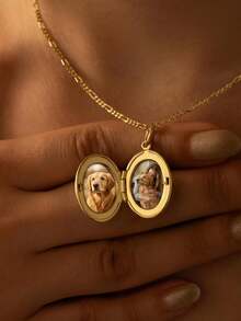 Collar con dije personalizado con foto, collar ovalado grabable, joyería de dije personalizada grabada, collar con dije para foto, regalo de Navidad personalizado - Dorado - Ver 3