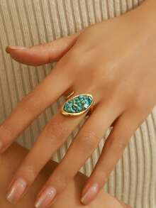 1枚优雅百搭时尚天然宝石及18K镀金不锈钢几何戒指，女士日常及节日配饰 - 金色 - 查看 9