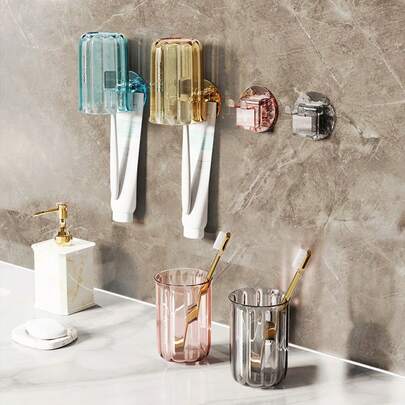 一套牙刷架带漱口杯，壁挂式免钻孔牙刷收纳架，电动牙刷和漱口杯收纳架，适用于浴室、宿舍、酒店、家庭使用