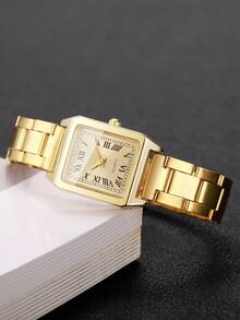 6件套女士礼品套装：方形罗马数字表盘石英表+心形水钻首饰套装（套装不含手表） - 金色 - 查看 9