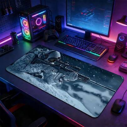 Dark Prone Snow Sniper Large Gaming Mouse Pad, Extended Non-Slip Rubber Base Desk Mat, Winter Tactical Shooter Design Computer Accessory, Durable Office Desk Pad For Home Office & Gaming Setup, Ideal Gift For Sniper & War Game Fans
