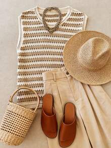 Áo khoác cardigan dệt kim không tay, hơi mỏng, thoải mái, phối sọc tương phản màu mơ, dành cho nữ mùa thu/đông, có dây rút, thích hợp mặc ở nhà, đi biển và đi nghỉ mát mùa hè. - Màu be - Xem 3