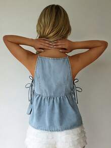 Camisetas sin mangas para mujer, de color liso, estilo babydoll de verano, con lazo lateral, de mezclilla - Azul - Ver 2