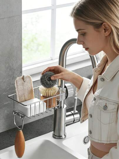 1 pieza Estante de almacenamiento para grifo, adecuado para almacenar artículos como esponjas, jabón, cepillos, etc., estante de ducha, caja de jabón, estante de almacenamiento para el fregadero, se puede usar en la cocina, el baño y otras ocasiones, estante de almacenamiento de cocina, estante de almacenamiento de baño, estante de almacenamiento de acero inoxidable, esencial para el almacenamiento en el hogar