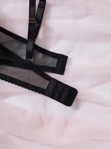 1 Set de Lencería Sexy para Mujer, Malla Transparente con Bordado Floral y Ribete de Encaje con Cadena Dorada, Diseño Abierto de 1/4 de Copa con Abertura y Ajustable, Conjunto de 2 Piezas de Sostén y Pantie - Negro - Ver 6