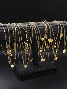 3件/10件/20件装时尚简约爱心、蝴蝶、仿珍珠、爱心、星星和月亮吊坠项链套装，适合女性、情侣、度假、约会、休闲、派对、婚礼，也是送给妈妈、朋友的礼物。 - 金黃色 - 查看 4