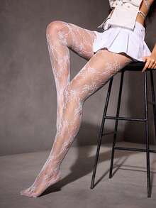 1双白色蕾丝渔网不透明连裤袜，法式时尚性感火辣款式，适合女性日常通勤、约会、派对、婚礼等场合。 - 彩色 - 查看 6