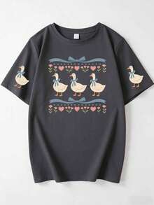 Áo thun nữ mùa hè kiểu retro thập niên 80 in hình con ngỗng, cổ tròn, tay ngắn, đơn giản, thoải mái, mặc hàng ngày, áo nữ hình con ngỗng ruy băng xanh vui nhộn, trang phục mùa hè hình con ngỗng retro cho nữ, áo mùa hè hình động vật nông trại dễ thương. - Màu xám đen - Xem 2