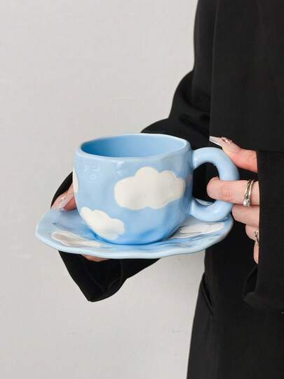 1 Set Handmade Asymmetrical Coffee Cup & Saucer, Hand-Painted Blue Sky & White Cloud Coffee Cup, Breakfast Milk Cup, Daily Water Cup, Afternoon Tea Set, Birthday Gift, Souvenir Gift, Gift For Classmates, Girlfriends, Friends