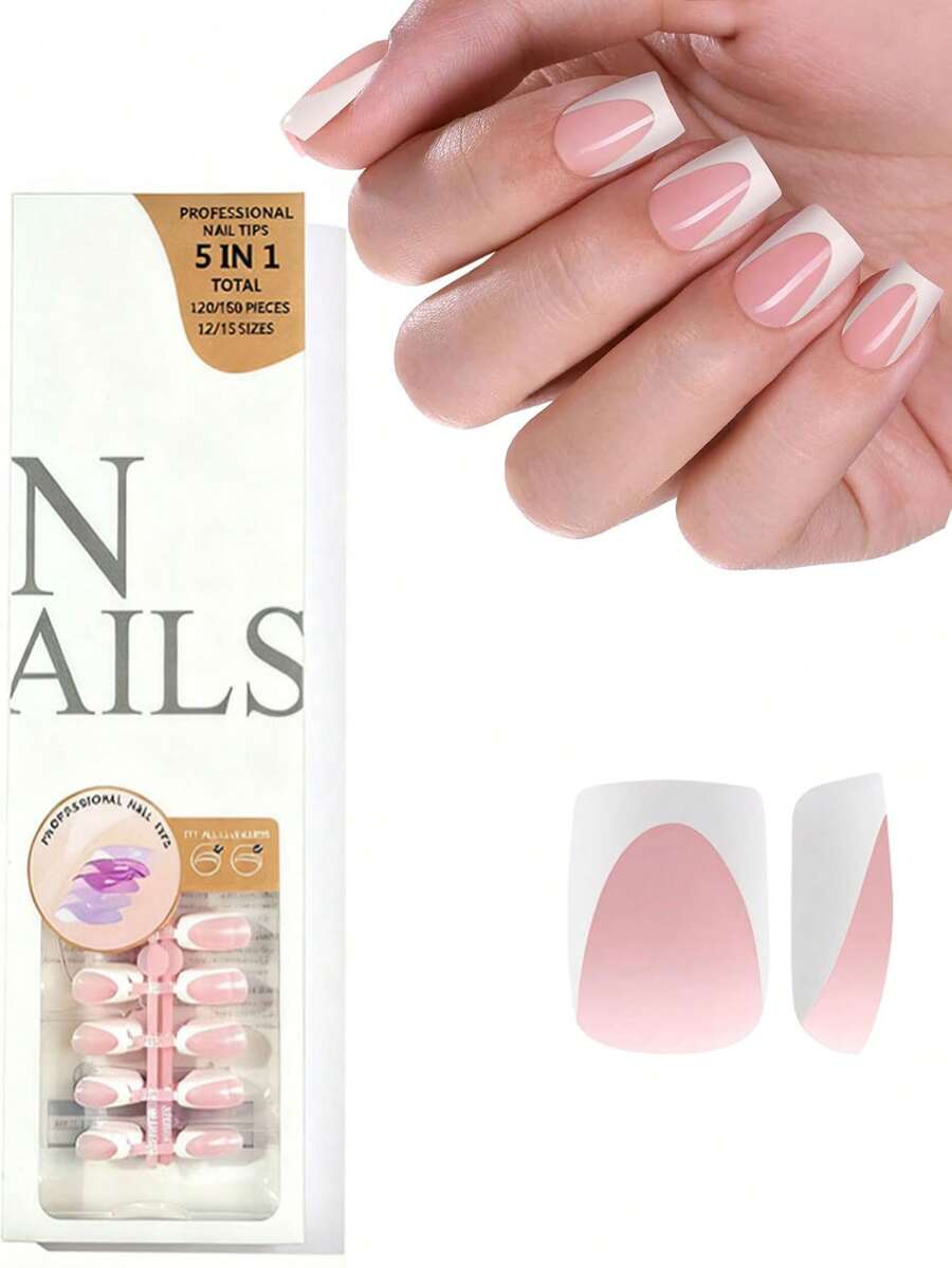 150 pièces Faux ongles carrés courts pour manucure française, ongles faux gel français rose et blanc, ongles artificiels français mats, pointes d'ongles en gel doux, art des ongles DIY durable, convient aux femmes et aux salons de manucure - Rose bonbon - Voir 1