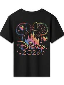 Disney Castle And Mickey Mouse Ears With Fireworks Double-Sided Printed Pattern T-Shirts For Girls - Children's Clothing Design Short-Sleeved Casual And Cute Style Comfortable And Casual Wear All Year Round Suitable For Parties And Play Machine Washable Gift Children's Clothing Girls' Short-Sleeved Shirts - Black - View 3
