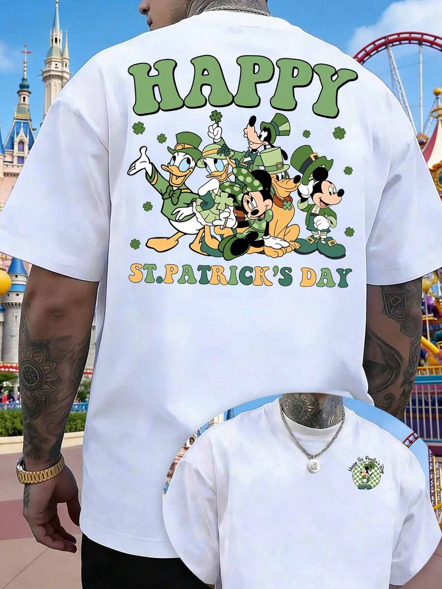 Disney Men's St Patricks Day T-Shirt With Mickey Mouse, Donald Duck, Goofy, And Clover Prints. Lucky Round Neck Short-Sleeved Men's Top, Comfortable, Breathable, And Skin-Friendly Pure Cotton, Suitable For Holiday Outings, Vacations, And Everyday Commuting. - White - View 1