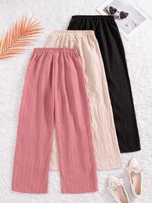 3pcs/Set Girls' Casual Solid Color Pants With Bow Decor Elastic Waistband, Suitable For Spring & Autumn - Pink - View 2