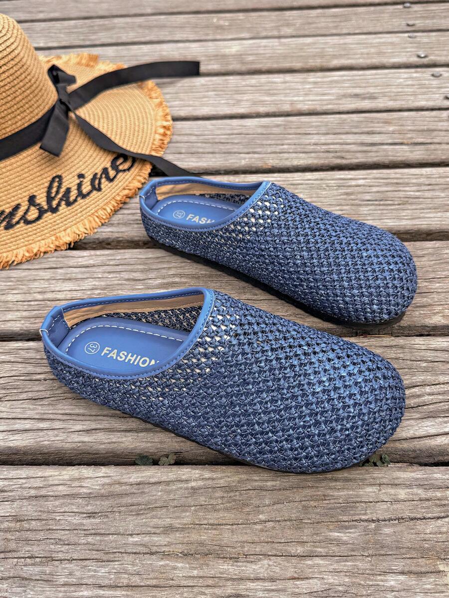 Women's Breathable Mesh Woven Mule Slippers, Casual Flat Slip-On Shoes For Summer - Royal Blue - View 1