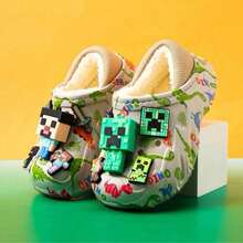 1双Minecraft主题毛绒拖鞋，恐龙印花，饰有史蒂夫、苦力怕和钻石图案，保暖舒适的室内鞋，柔软毛绒内衬，专属游戏玩家配件 - 多色 - 查看 5