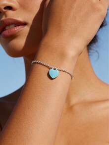 1件甜美清新S925纯银蓝色心形珐琅吊坠手链，百搭日常佩戴及女士礼物 - 心型手鍊 - 查看 5