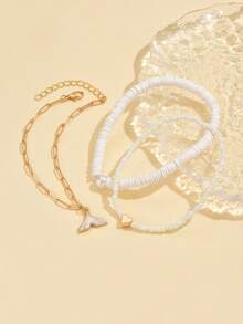 3 pièces/set Bracelet de cheville en perles de mode, forme de cœur minimaliste avec faux perles, décor de queue de sirène blanche, convient pour le port quotidien et les vacances à la plage - Multicolore - Voir 3