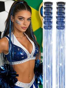 12 件/盒闪亮 20 英寸长直发绿色、银色、紫色、黄色、蓝色、粉色彩色发丝，夹式合成接发套装，适合女孩圣诞节、万圣节、派对、情人节、复活节、圣帕特里克节等场合佩戴。 - 查看 11