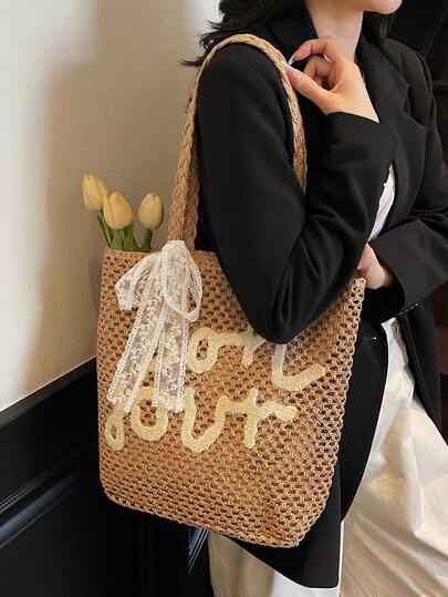 1pc Letter Print Hollow Casual Scarf Decor Straw Tote Bag, Women's Portable Shoulder Bag Suitable For Beach, Vacation, Travel, Spring/Summer