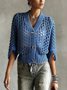 女士蓝色钩针镂空开衫，V领纽扣镂空针织毛衣，开衩肘袖，春季款 - 藍色 - 查看 2