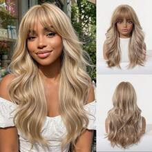 20英寸中金色假发，女士蓬松波浪卷发，带刘海，灰调挑染合成假发，配有可调节绑带，完美适合女性日常和派对佩戴。 - 金色 - 查看 12