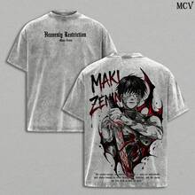 Maki Zenin  T-Shirt & Hoodie – Vintage Washed Oversized Anime Tee, Dark Aesthetic Maki Manga Graphic Shirt, Heavy Cotton Unisex Streetwear JJK Merch, Fall Outfit Anime Gift - 灰色 - 查看 1