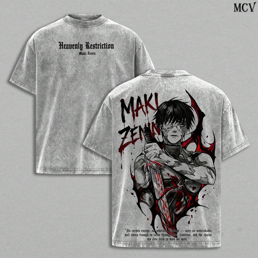 Maki Zenin  T-Shirt & Hoodie – Vintage Washed Oversized Anime Tee, Dark Aesthetic Maki Manga Graphic Shirt, Heavy Cotton Unisex Streetwear JJK Merch, Fall Outfit Anime Gift - 灰色 - 查看 1