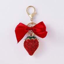 Girl's Heart-Shaped Rhinestone Strawberry Keychain, Alloy Paved Rhinestone Bow & Lobster Clasp Pendant, Sweet Fashionable Bag Charm, Popular Small Gift - Multicolor - View 13
