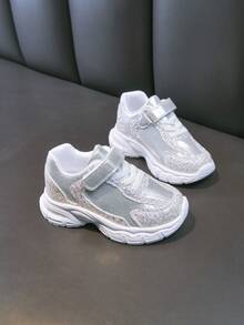 1 Pair Children's Sneakers, 2026 New Soft Sole Non-Slip Hook And Loop Small White Shoes, Boys/Girls Daily School Campus Running Casual Shoes - Silver - View 7