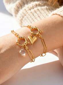 1pc Minimalist Stainless Steel Small Square Chain Cubic Zirconia Heart Bubble Clasp Gold Bracelet, Jewelry Gift For Women, Mother's Day - Gold - View 2