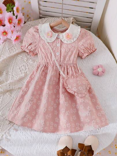 Đầm bé gái mùa xuân/hè bằng vải jacquard, cổ áo búp bê, họa tiết hoa 3D, thanh lịch và dễ thương, kèm túi đeo chéo hình trái tim.
