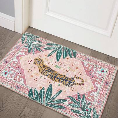 Hippie Style Carpet, Bathroom Mat, Area Decorative Carpet, Faux Wool Tropical Pink, Bohemian Bathroom Mat, Small Size Kitchen Carpet, Indoor Entrance Carpet, Modern Retro Style Distressed Style Floor Mat, Non-Slip Washable