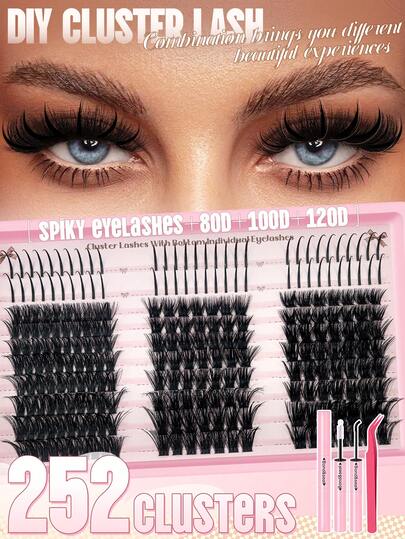 Conjunto de pestañas postizas gruesas y esponjosas, 252 piezas - 9-16 mm MEZCLA, racimos de pestañas DIY, racimos de pestañas con púas, racimos de pestañas ligeros, que le permiten crear un maquillaje de ojos talla grande hermoso. Adecuado para actuaciones, citas, uso diario, fiestas y otras ocasiones. Incluso los principiantes pueden usarlo rápidamente, brindándole talla grande comodidad.