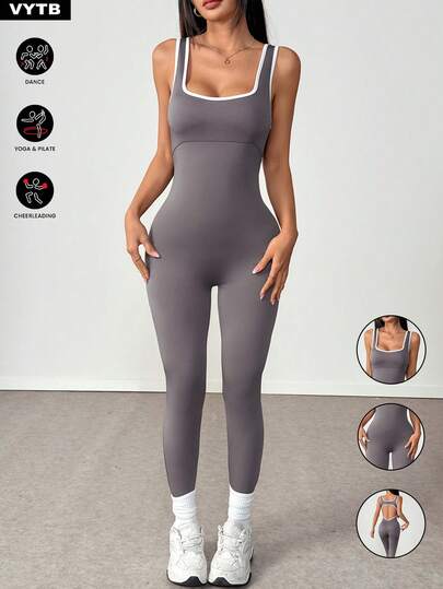 1 Peça Macacão Skinny de Contraste de Cor Sem Mangas, Macacão Esportivo Casual Sexy de Costas Abertas