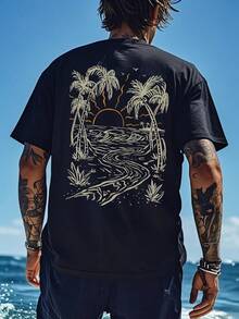 Coastal Men's Vacation Style Island Element Printed Short Sleeve T-Shirt, Suitable For Summer Wear, Comfortable & Breathable, Leading Fashion - Black - View 3