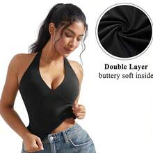 OMKAGI  Women's V-Neck Collarless Short-Sleeved Tank Top Y2K  Streetwear Style Top See-Through Top With Exposed Neckline - 黑色 - 查看 9