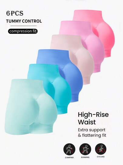 Bộ 6 quần short thể thao nữ không đường may, co giãn, nâng đỡ, thích hợp mặc hàng ngày và tập luyện vào mùa xuân/hè, quần short thể dục màu trơn, quần short đạp xe.
